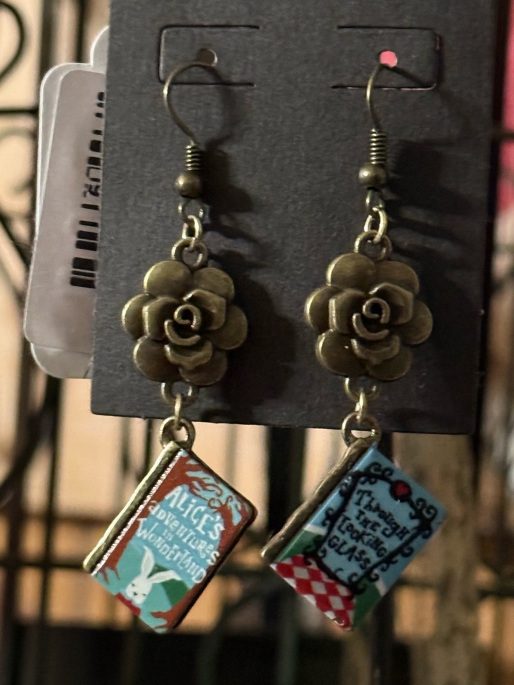 Alice in Wonderland Floral Dangle Earrings - Antique Gold & Multicolor